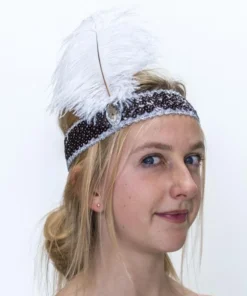 Interalia Flapper 20's Headband Black Sequin With White Feather Womens