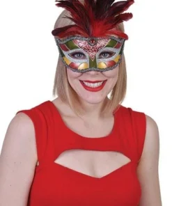 Tomfoolery Womens Masquerade Red Mask With Feathers