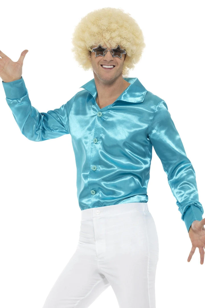 Smiffy's Disco 60s 70s Groovy Mens Blue Satin Shirt 3 Smiffy's Disco 60s 70s Groovy Mens Blue Satin Shirt