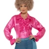 Smiffy's Womens Disco 70s Pink Satin Ruffle Women's Blouse