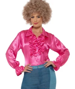 Smiffy's Womens Disco 70s Pink Satin Ruffle Women's Blouse