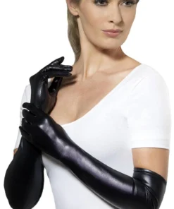 Smiffys Black Long Gloves Wet Look Womens