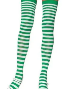 Music Legs Green And White Striped Stay-up Thigh High Stockings Womens