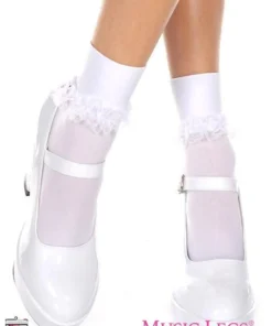 Music Legs Pin Up White Ankle High Opaque Socks With Frilly Lace Trim