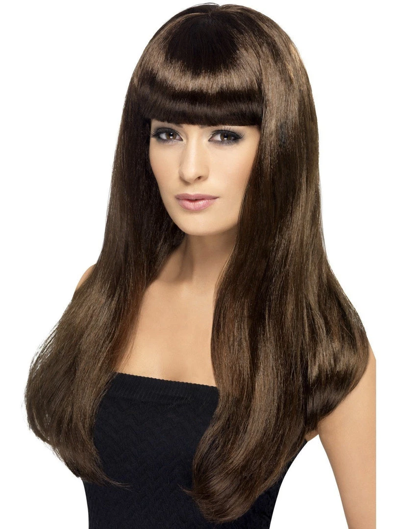 Smiffy's Babelicious Wig Women's Long Straight Brown Wig With Fringe