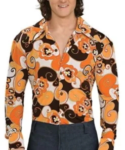 Disguises Disco 70s Mens Costume Hire Shirt Orange Floral