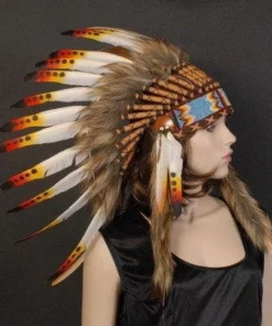 Interalia Native American Indian Headdress Yellow Red Chief Feather War Bonnet