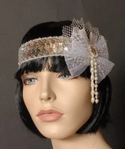Interalia Pearls And Netting Flapper Headband Deluxe White Womens