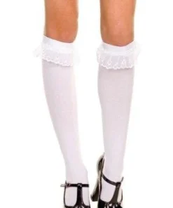 Music Legs Womens School White Lace Ruffle Trim Socks Opaque Knee High Stockings Ladies Hosiery