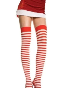 Music Legs Stay-Ups Striped Red/White Stockings Fancy Dress Costume Accessory Womens