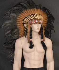 Interalia Womens Indian Headdress Long Black Cock Feather Native American Chief War Bonnet