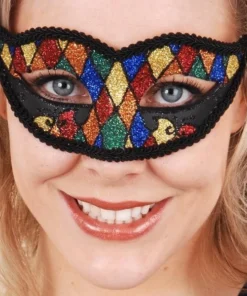 Tomfoolery Harlequin Masquerade Mask With Bright Multicolour Glitter Womens