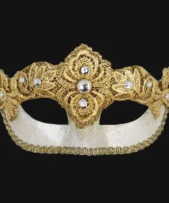 Carta Alta Crackled Mask Venetian Ladies White With Gold Woven Embellishments