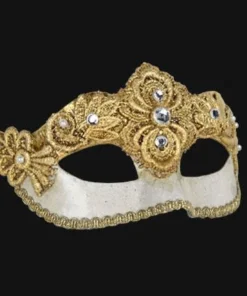 Carta Alta Crackled Mask Venetian Ladies White With Gold Woven Embellishments