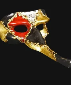 Carta Alta Long Nose Masquerade Mask Venetian Black Gold & Red Mens